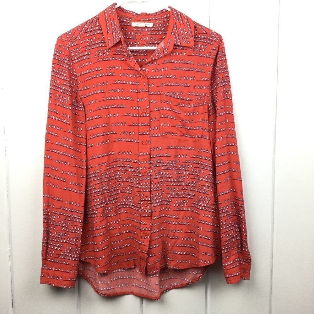 ‎Beachlunchlounge Orange Button Down Coral Hearts Top, Size Small